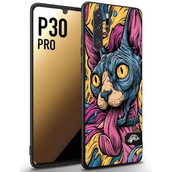 CUSTOMIZZA - Custodia cover nera morbida in tpu compatibile per Huawei P30 PRO Sphynx Colorato Pop Art Psichedelico Gatto Blu Rosa Giallo Artistica Fantasy