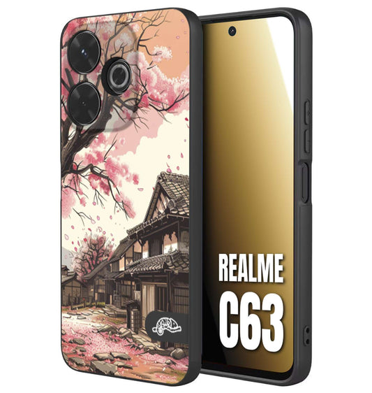 CUSTOMIZZA - Custodia cover nera morbida in tpu compatibile per Realme C63 casa giapponese rosa ciliegio in fiore disegnata tattoo
