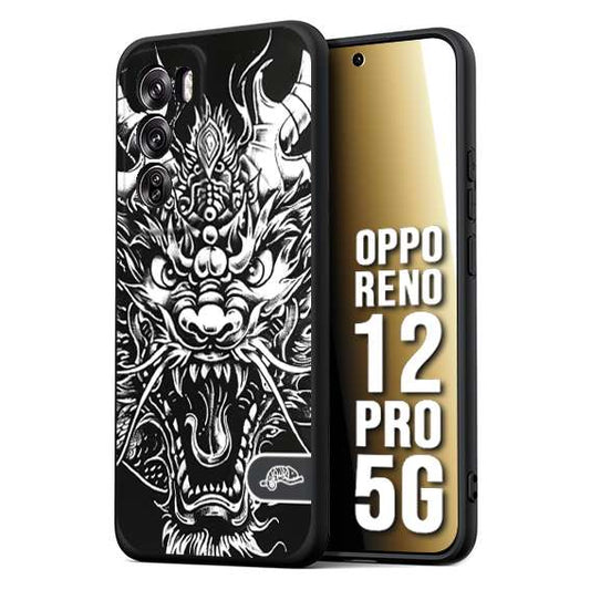 CUSTOMIZZA - Custodia cover nera morbida in tpu compatibile per Oppo Reno 12 PRO 5G drago black and white bianco a rilievo disegnato tattoo tatuaggio