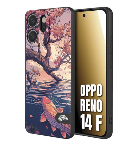 CUSTOMIZZA - Custodia cover nera morbida in tpu compatibile per Oppo Reno 14 F giapponese lago carpa koi rosa con foglie d'acero disegnata tattoo
