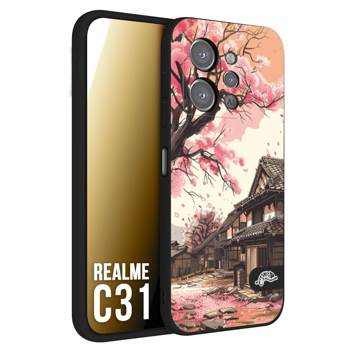 CUSTOMIZZA - Custodia cover nera morbida in tpu compatibile per Oppo Realme C31 casa giapponese rosa ciliegio in fiore disegnata tattoo