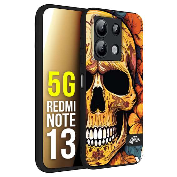 CUSTOMIZZA - Custodia cover nera morbida in tpu compatibile per Xiaomi Redmi Note 13 5G teschio messicano colorato dorato fiori autunnali disegnato