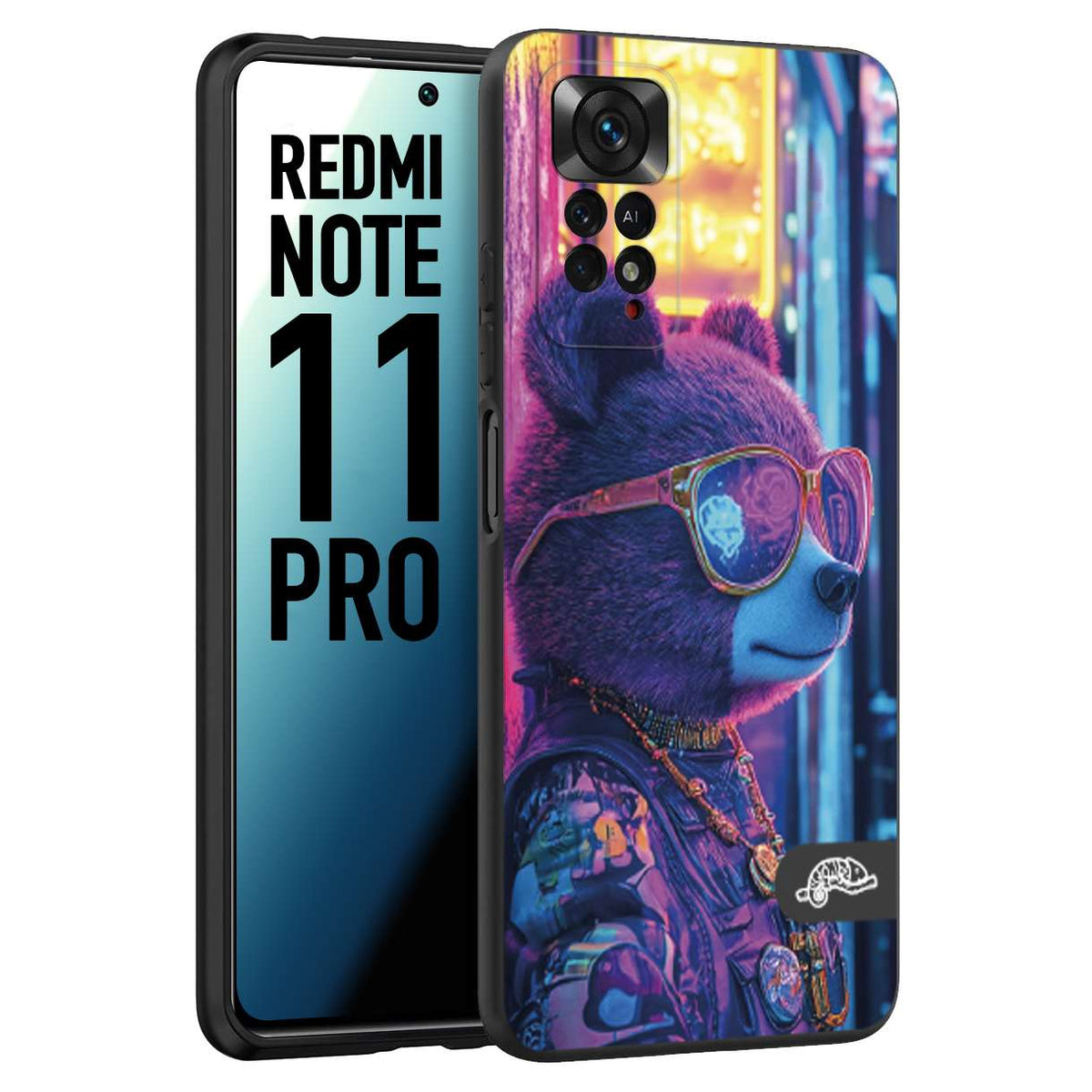 CUSTOMIZZA - Custodia cover nera morbida in tpu compatibile per Xiaomi Redmi Note 11 PRO animali cyberpunk orsetto orso street bear fucsia blu night