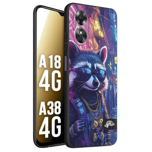 CUSTOMIZZA - Custodia cover nera morbida in tpu compatibile per Oppo A18 4G - A38 4G animali simpatici cyberpunk procione racoon street cat fucsia blu giallo