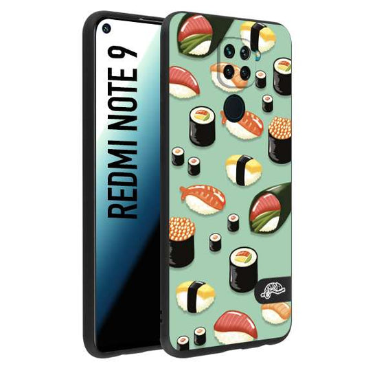 CUSTOMIZZA - Custodia cover nera morbida in tpu compatibile per Xiaomi Redmi Note 9 sushi disegni giapponese nighiri acquamarina verde