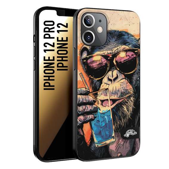 CUSTOMIZZA - Custodia cover nera morbida in tpu compatibile per iPhone 12 - 12 PRO estate disegnata cocktails animali simpatici scimmia monkey negroni