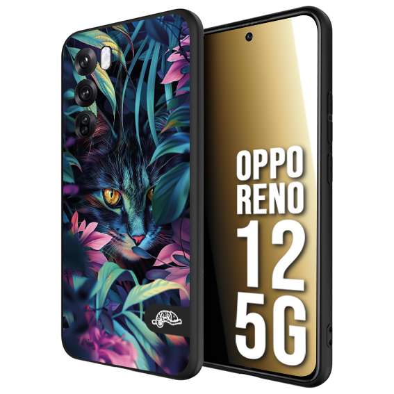 CUSTOMIZZA - Custodia cover nera morbida in tpu compatibile per Oppo Reno 12 5G animali color giungla tropicale occhio di gatto colori vibranti disegnato