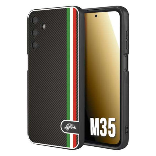 CUSTOMIZZA - Custodia cover nera morbida in tpu compatibile per Samsung M35 effetto fibra di carbonio bandiera Italia made in Italy