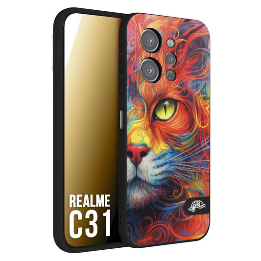 CUSTOMIZZA - Custodia cover nera morbida in tpu compatibile per Realme C31 animali color cat gatto viso colori vibranti disegnato schizzo