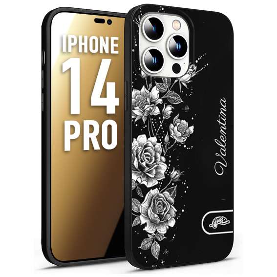 CUSTOMIZZA - Custodia cover nera morbida in tpu compatibile per iPhone 14 PRO a rilievo soft touch personalizzata nome rose fiori donna