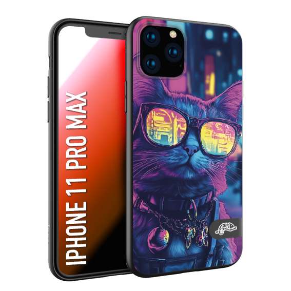 CUSTOMIZZA - Custodia cover nera morbida in tpu compatibile per iPhone 11 PRO MAX animali cyberpunk gatto street cat fucsia blu giallo