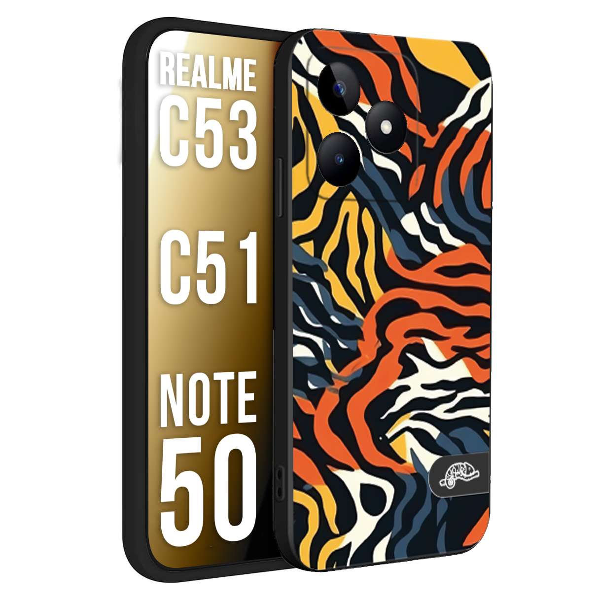 CUSTOMIZZA - Custodia cover nera morbida in tpu compatibile per Oppo Realme C53 - C51 - NOTE 50 leopardato maculato tigrato tiger colorata gialla blu arancio