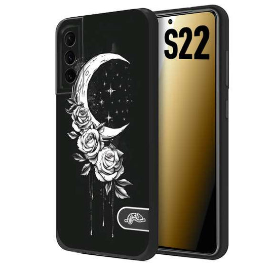 CUSTOMIZZA - Custodia cover nera morbida in tpu compatibile per Samsung S22 luna e fiori moon flowers black and white bianco a rilievo disegnato tattoo tatuaggio