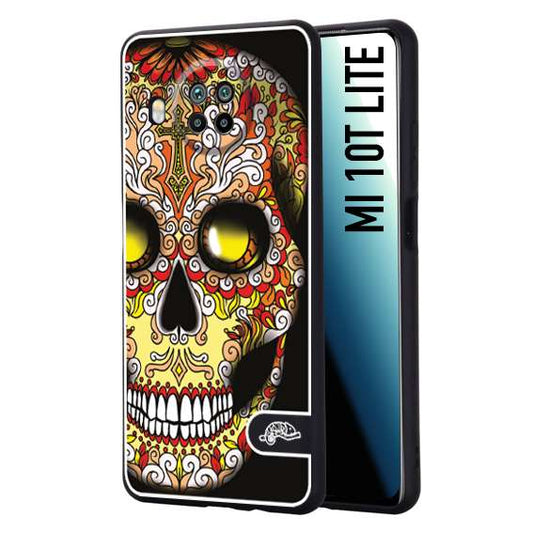 CUSTOMIZZA - Custodia cover nera morbida in tpu compatibile per Xiaomi Mi 10T LITE teschio messicano Mexican skull giallo rosso arancio