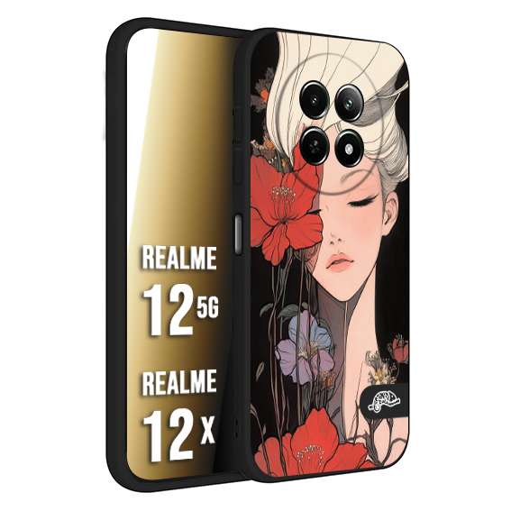CUSTOMIZZA - Custodia cover nera morbida in tpu compatibile per Realme 12 5G - 12X woman flower Fantasia Floreale Design Donna e Fiori, Retro Artistico