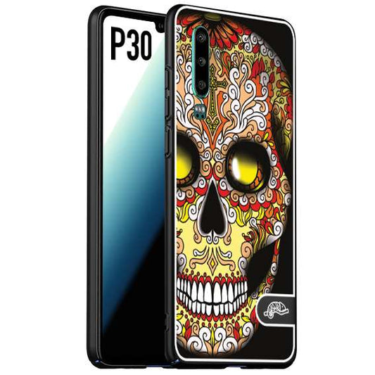 CUSTOMIZZA - Custodia cover nera morbida in tpu compatibile per Huawei P30 teschio messicano Mexican skull giallo rosso arancio