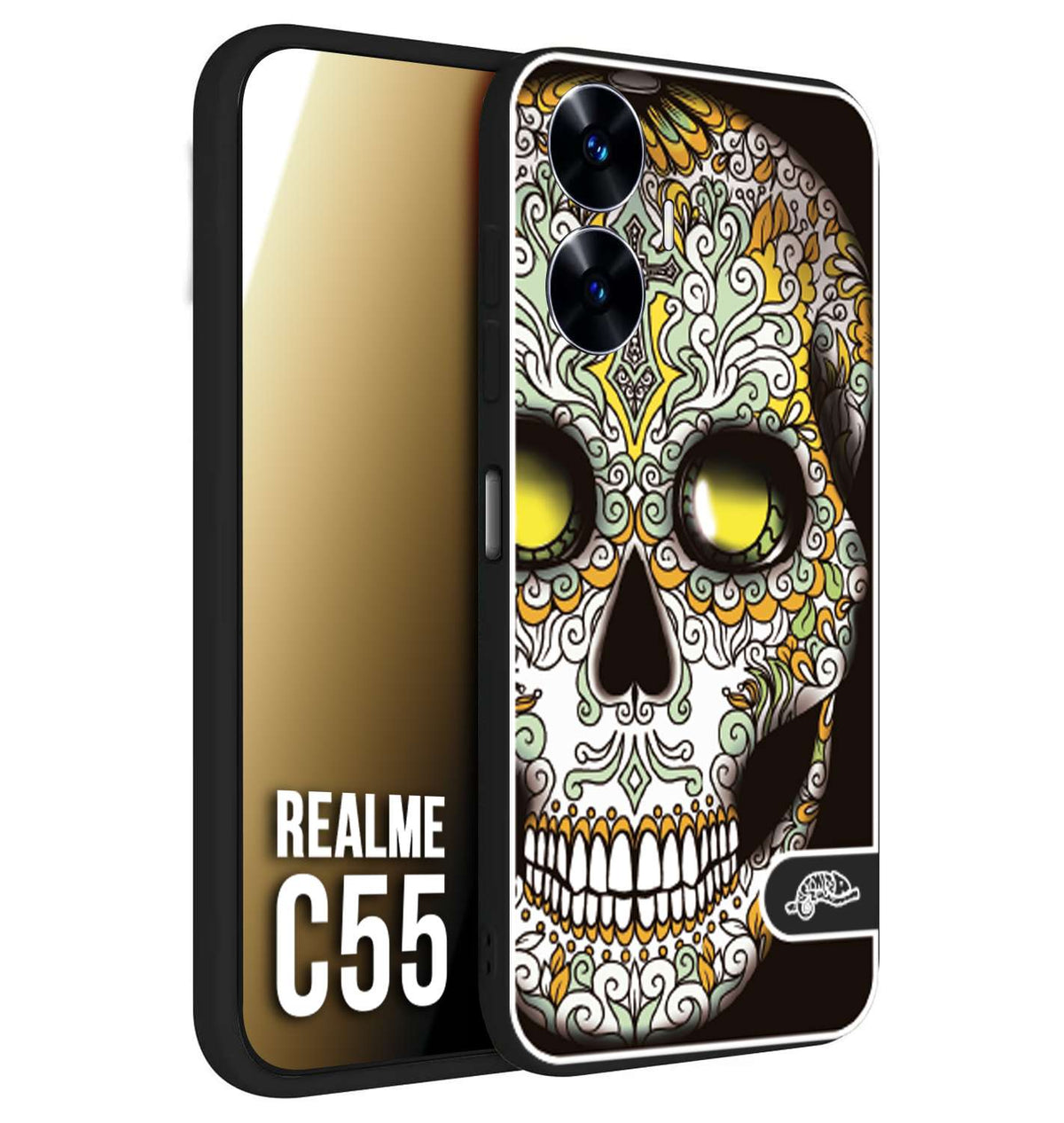 CUSTOMIZZA - Custodia cover nera morbida in tpu compatibile per Realme C55 teschio messicano Mexican skull bianco verde giallo