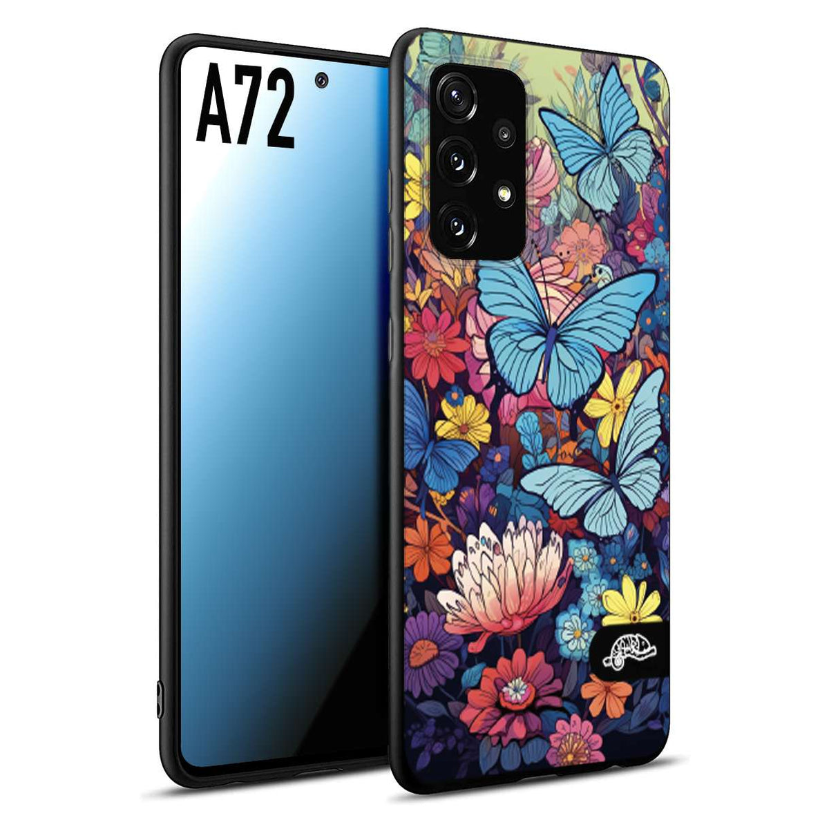 CUSTOMIZZA - Custodia cover nera morbida in tpu compatibile per Samsung A72 farfalle butterfly moderno donna disegnate gialla blu rosa