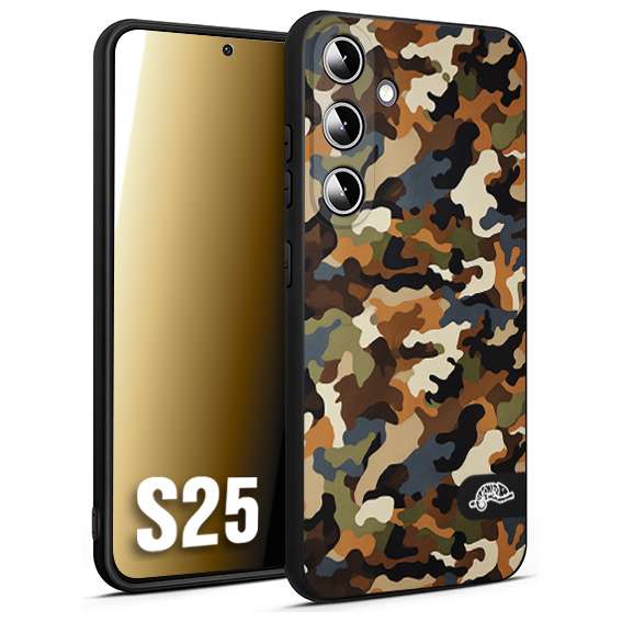 CUSTOMIZZA - Custodia cover nera morbida in tpu compatibile per Samsung S25 camouflage mimetico militare moderno blu marrone beige