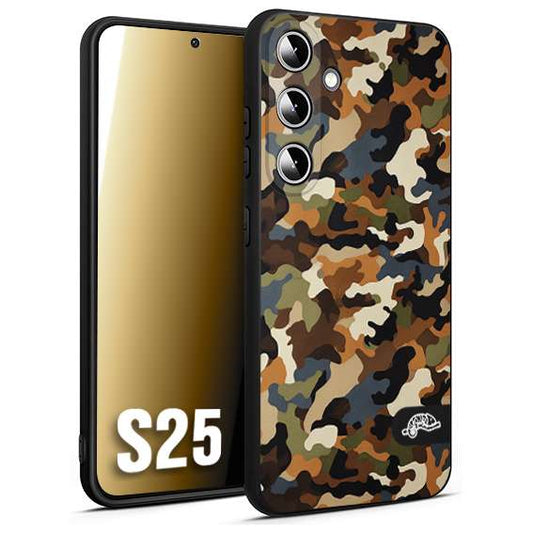 CUSTOMIZZA - Custodia cover nera morbida in tpu compatibile per Samsung S25 camouflage mimetico militare moderno blu marrone beige