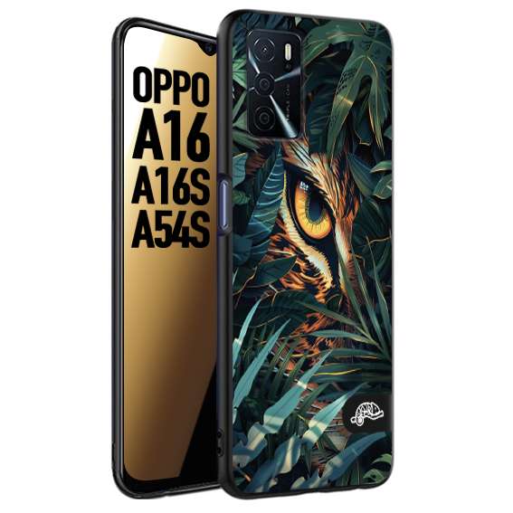 CUSTOMIZZA - Custodia cover nera morbida in tpu compatibile per Oppo A16 - A16S - A54S animali color giungla tropicale occhio di giaguaro felino disegnato