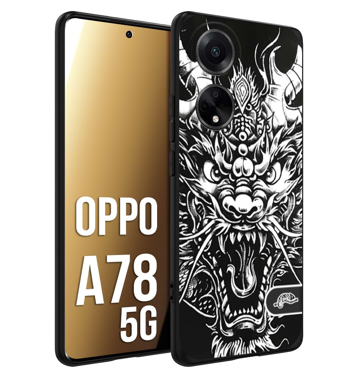 CUSTOMIZZA - Custodia cover nera morbida in tpu compatibile per Oppo A78 5G drago black and white bianco a rilievo disegnato tattoo tatuaggio