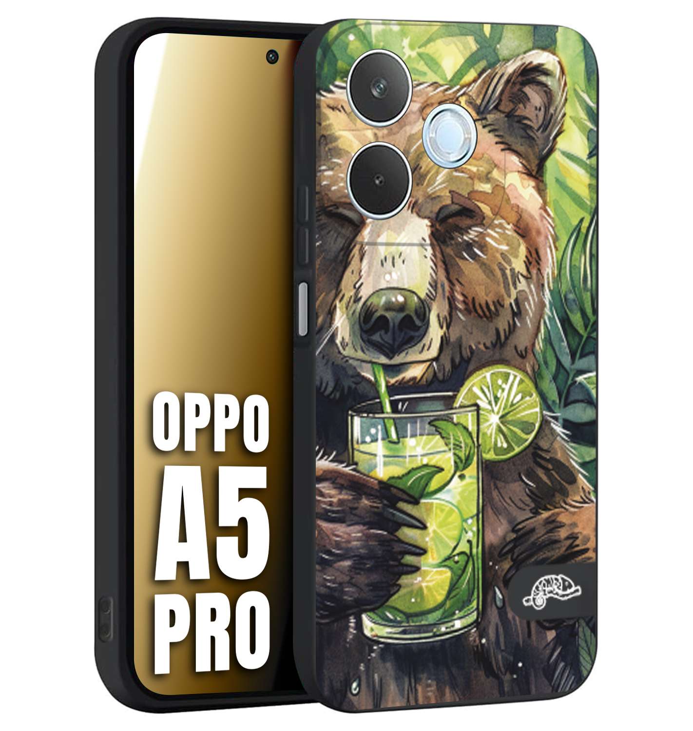 CUSTOMIZZA - Custodia cover nera morbida in tpu compatibile per Oppo A5 PRO fiori estate disegnata cocktails animali simpatici orso bear negroni