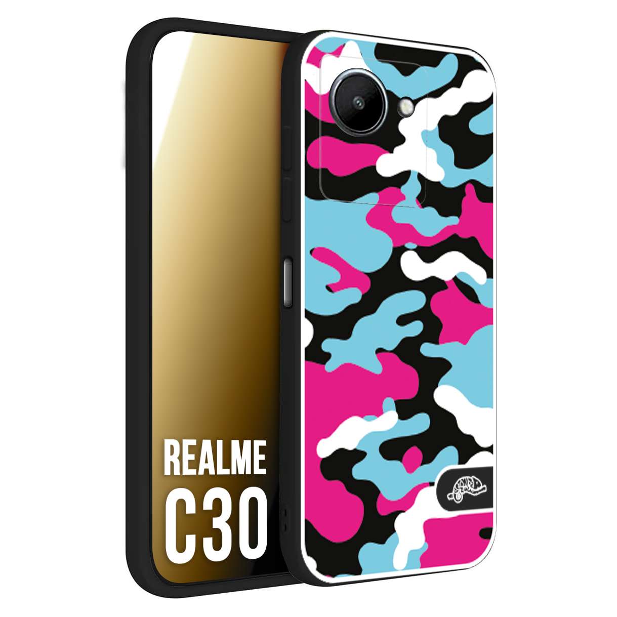 CUSTOMIZZA - Custodia cover nera morbida in tpu compatibile per Oppo Realme C30 camouflage mimetico militare fucsia celeste