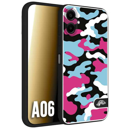 CUSTOMIZZA - Custodia cover nera morbida in tpu compatibile per Samsung A06 camouflage mimetico militare fucsia celeste