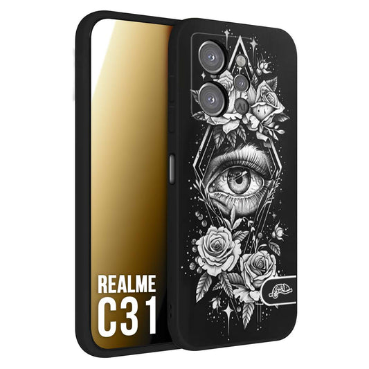 CUSTOMIZZA - Custodia cover nera morbida in tpu compatibile per Oppo Realme C31 occhio fiori rombo geometrico black and white bianco a rilievo disegnato tattoo tatuaggio