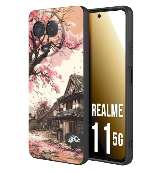 CUSTOMIZZA - Custodia cover nera morbida in tpu compatibile per Realme 11 5G casa giapponese rosa ciliegio in fiore disegnata tattoo