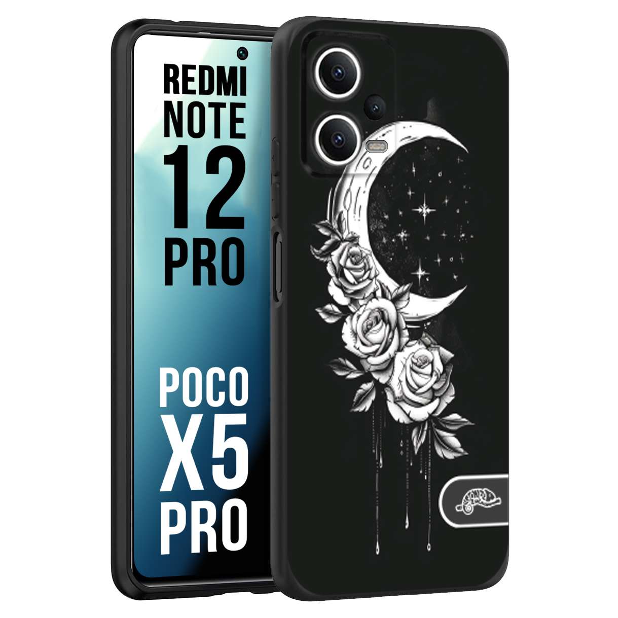 CUSTOMIZZA - Custodia cover nera morbida in tpu compatibile per Xiaomi Redmi Note 12 PRO - POCO X5 PRO luna e fiori moon flowers black and white bianco a rilievo disegnato tattoo tatuaggio