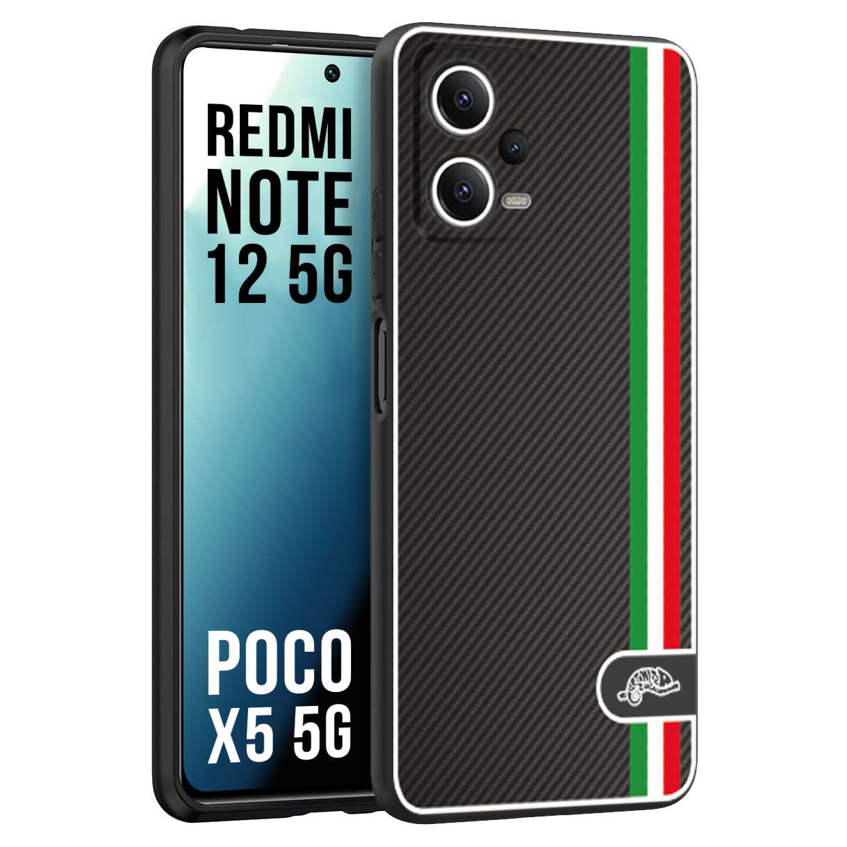 CUSTOMIZZA - Custodia cover nera morbida in tpu compatibile per Xiaomi Redmi Note 12 5G - POCO X5 5G effetto fibra di carbonio bandiera Italia made in Italy