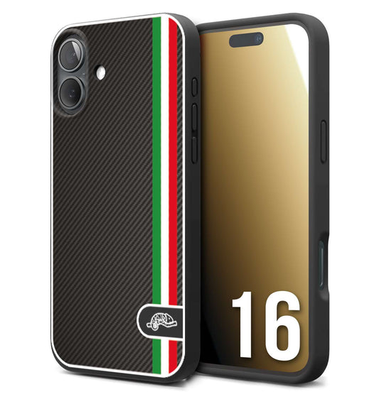 CUSTOMIZZA - Custodia cover nera morbida in tpu compatibile per iPhone 16 effetto fibra di carbonio bandiera Italia made in Italy