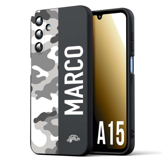 CUSTOMIZZA - Custodia cover nera morbida in tpu compatibile per Samsung A15 5G camouflage mimetico militare personalizzata nome bianco