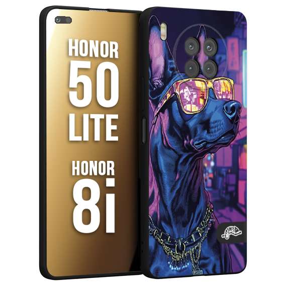CUSTOMIZZA - Custodia cover nera morbida in tpu compatibile per Honor 8i - Honor 50 LITE animali cyberpunk dobermann cane street dog fucsia blu night