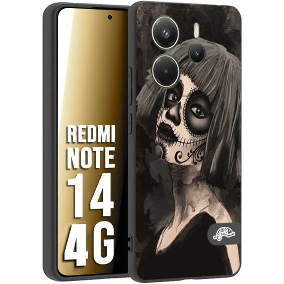 CUSTOMIZZA - Custodia cover nera morbida in tpu compatibile per Xiaomi Redmi Note 14 4G chicana messicana dea de la muerte donna santa tattoo disegnata