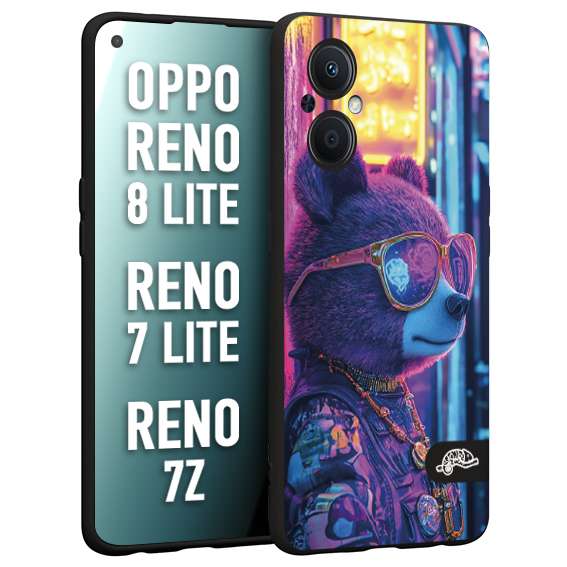 CUSTOMIZZA - Custodia cover nera morbida in tpu compatibile per Oppo Reno 7 Lite - 8 Lite - 7Z animali cyberpunk orsetto orso street bear fucsia blu night