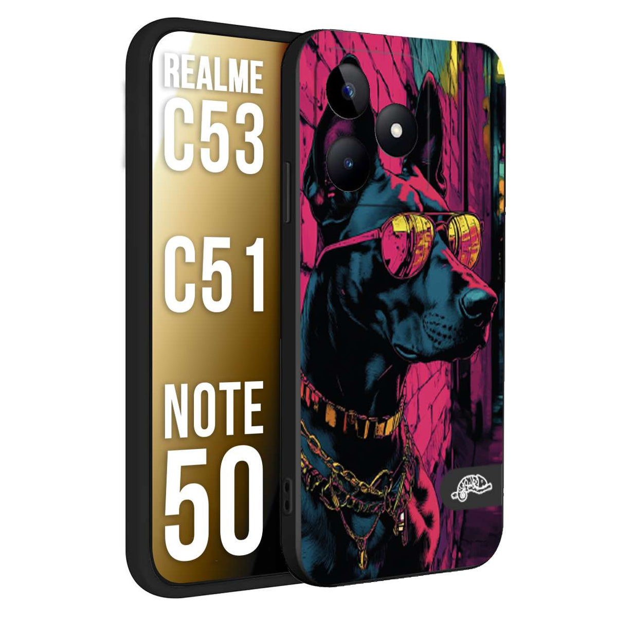 CUSTOMIZZA - Custodia cover nera morbida in tpu compatibile per Realme C53 - C51 - NOTE 50 animali cyberpunk dobermann cane street dog fucsia blu