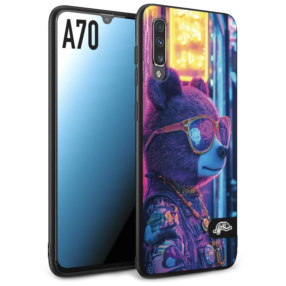 CUSTOMIZZA - Custodia cover nera morbida in tpu compatibile per Samsung A70 animali cyberpunk orsetto orso street bear fucsia blu night
