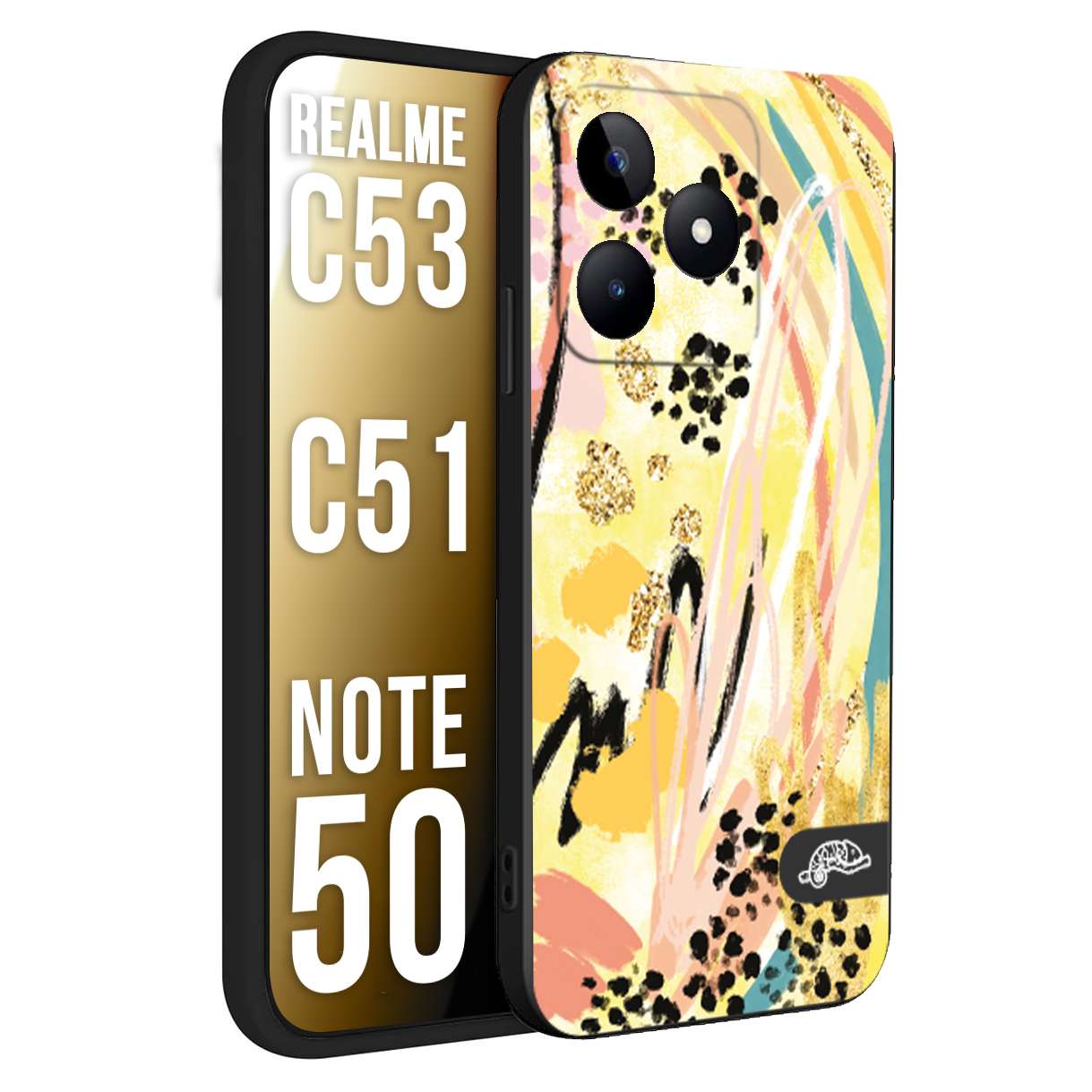 CUSTOMIZZA - Custodia cover nera morbida in tpu compatibile per Oppo Realme C53 - C51 - NOTE 50 astratti donna flower fantasia estate gialla rosa leopardata