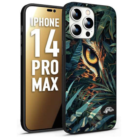 CUSTOMIZZA - Custodia cover nera morbida in tpu compatibile per iPhone 14 PRO MAX animali color giungla tropicale occhio di giaguaro felino disegnato