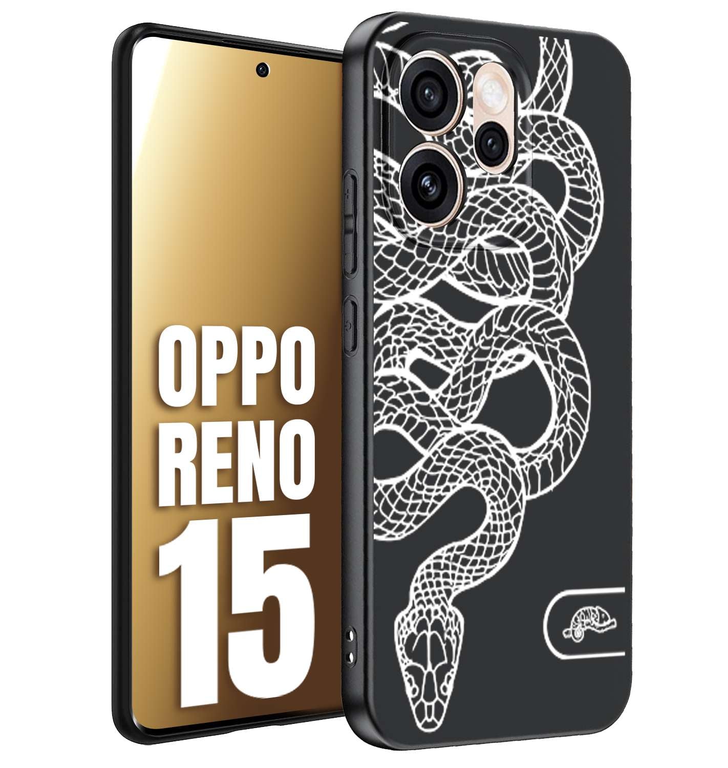 CUSTOMIZZA - Custodia cover nera morbida in tpu compatibile per Oppo Reno 15 serpente snake bianco a rilievo disegnato tattoo tatuaggio