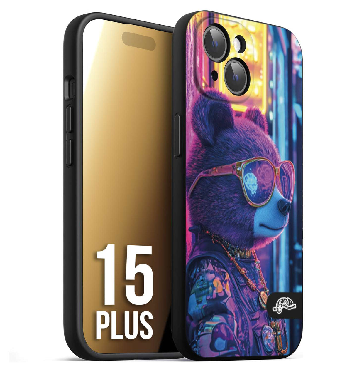 CUSTOMIZZA - Custodia cover nera morbida in tpu compatibile per iPhone 15 PLUS animali cyberpunk orsetto orso street bear fucsia blu night
