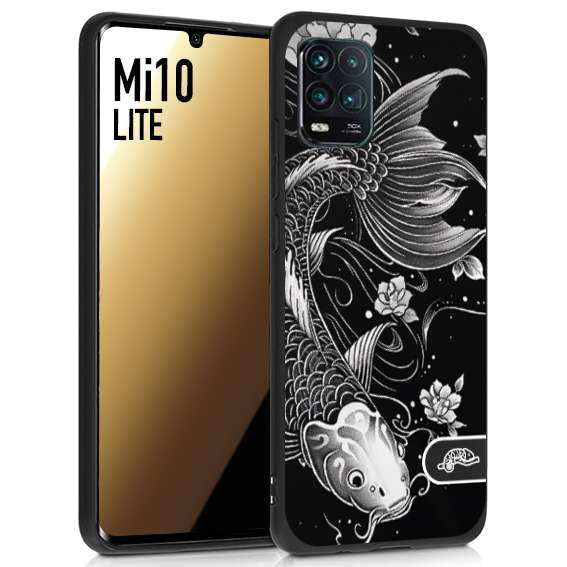 CUSTOMIZZA - Custodia cover nera morbida in tpu compatibile per Xiaomi Mi 10 LITE carpa koi black and white bianco a rilievo disegnato tattoo tatuaggio