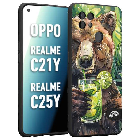 CUSTOMIZZA - Custodia cover nera morbida in tpu compatibile per Oppo Realme C21Y - C25Y estate disegnata cocktails animali simpatici orso bear negroni