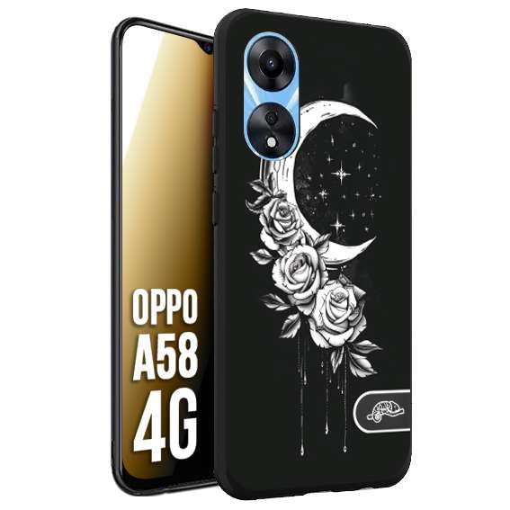 CUSTOMIZZA - Custodia cover nera morbida in tpu compatibile per Oppo A58 4G luna e fiori moon flowers black and white bianco a rilievo disegnato tattoo tatuaggio