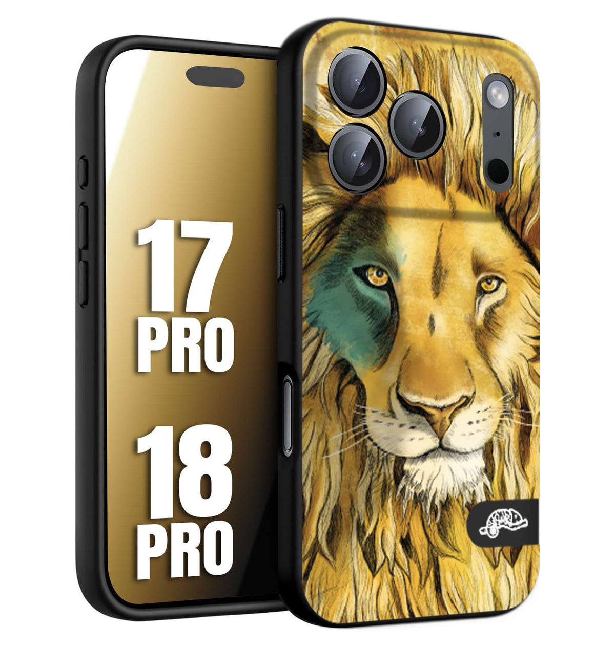 CUSTOMIZZA - Custodia cover nera morbida in tpu compatibile per iPhone 17 PRO - 18 PRO leone lion disegnato a mano giallo blu a rilievo artistico brown