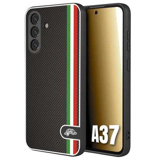 CUSTOMIZZA - Custodia cover nera morbida in tpu compatibile per Samsung A37 effetto fibra di carbonio bandiera Italia made in Italy