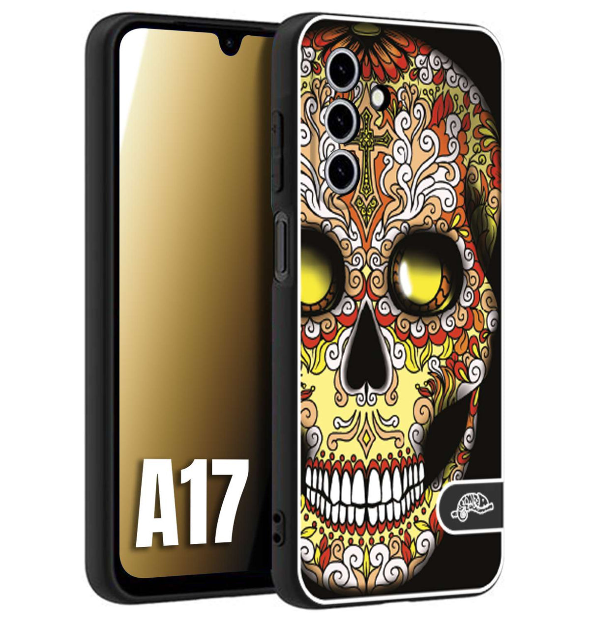CUSTOMIZZA - Custodia cover nera morbida in tpu compatibile per Samsung A17 teschio messicano Mexican skull giallo rosso arancio
